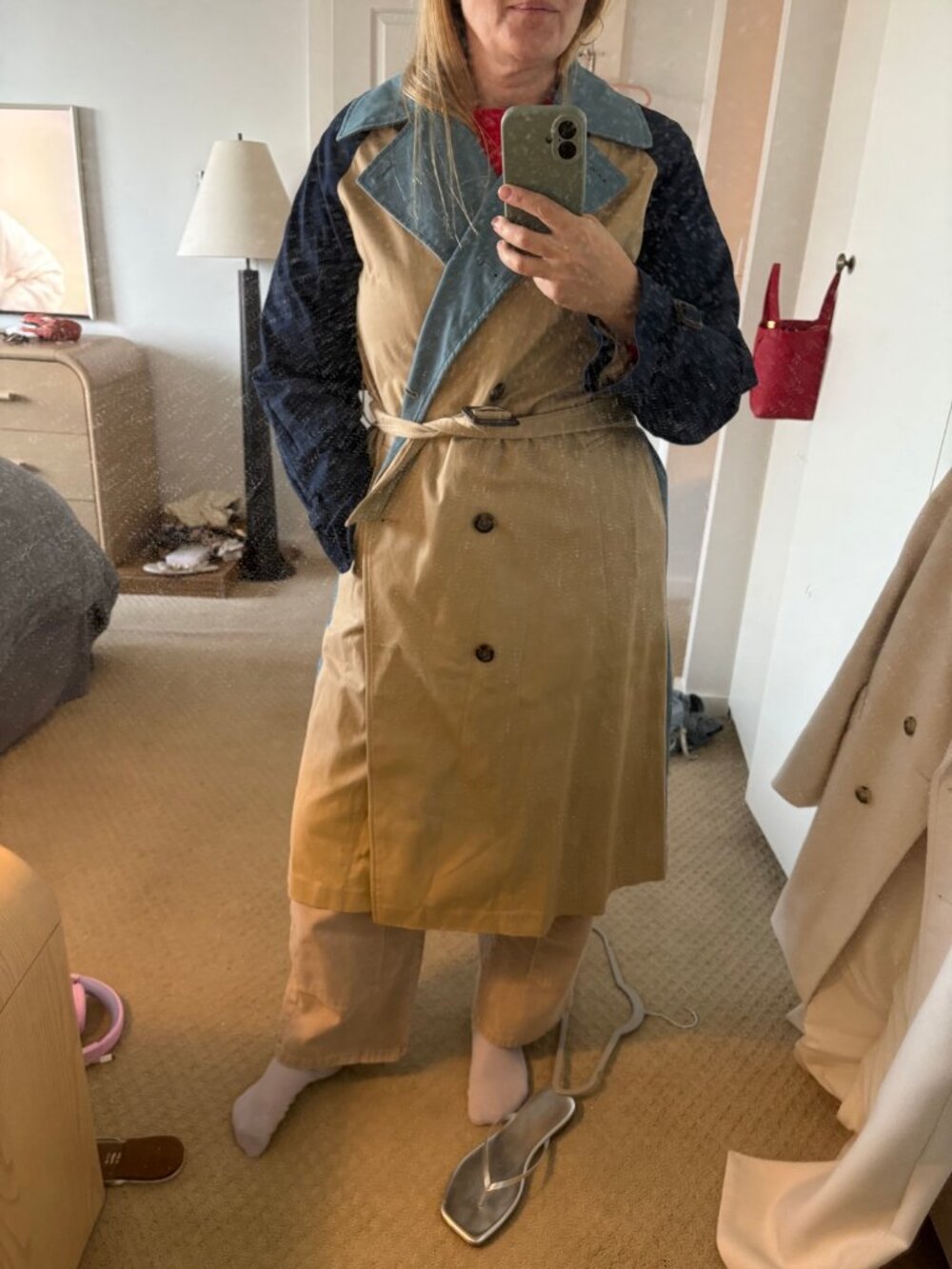 Ann Taylor Colorblock Trench Coat M Khaki Navy Blue Belted Double-Breasted